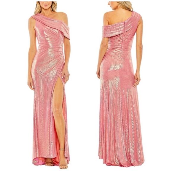 Mac Duggal 27152 NWT Pink Off The Shoulder Ruched Waist Slit Metallic Gown - Picture 1 of 5
